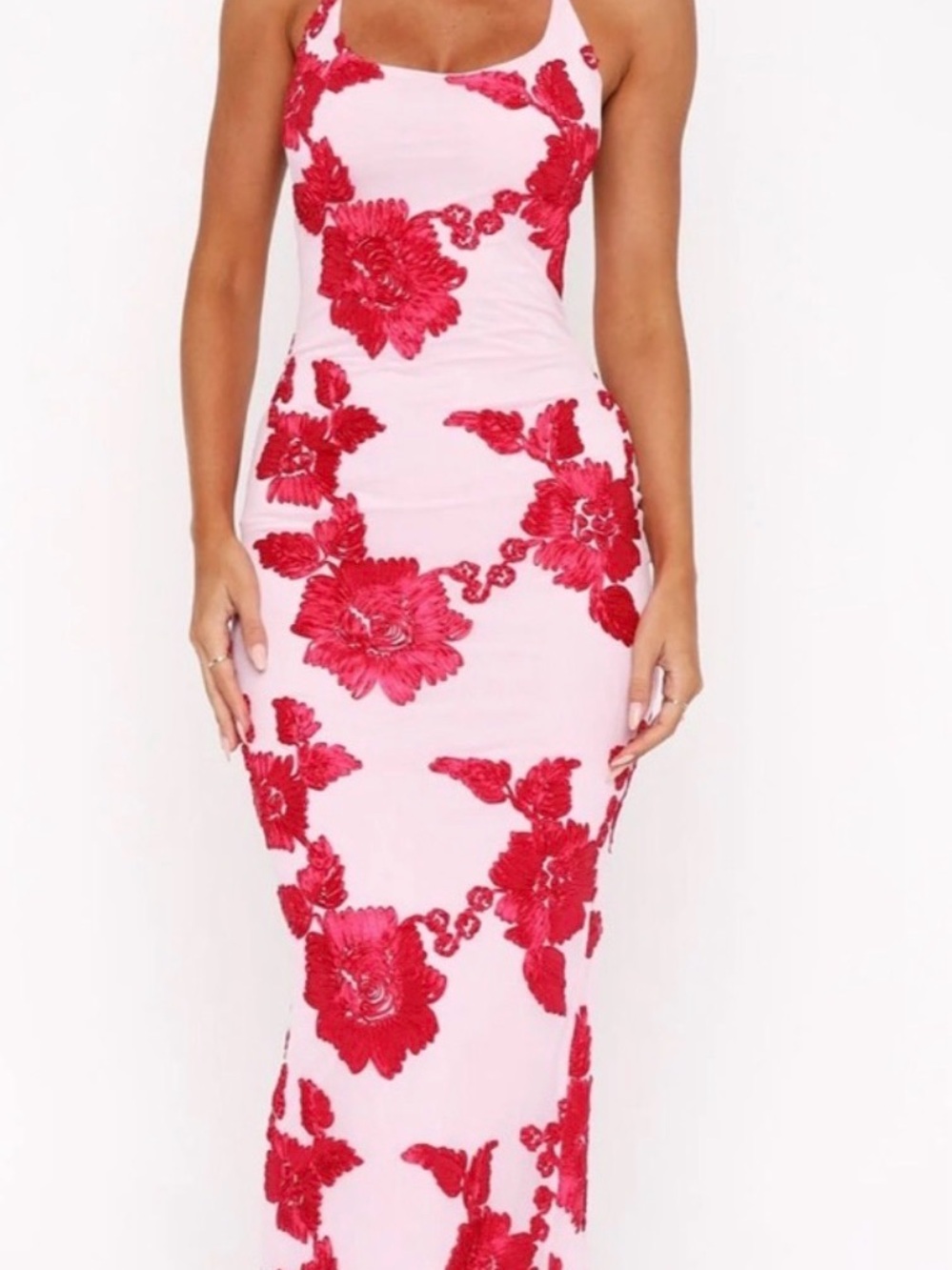 White Fox NWT Pink Maxi Dress with Red Floral Appliqué Medium
